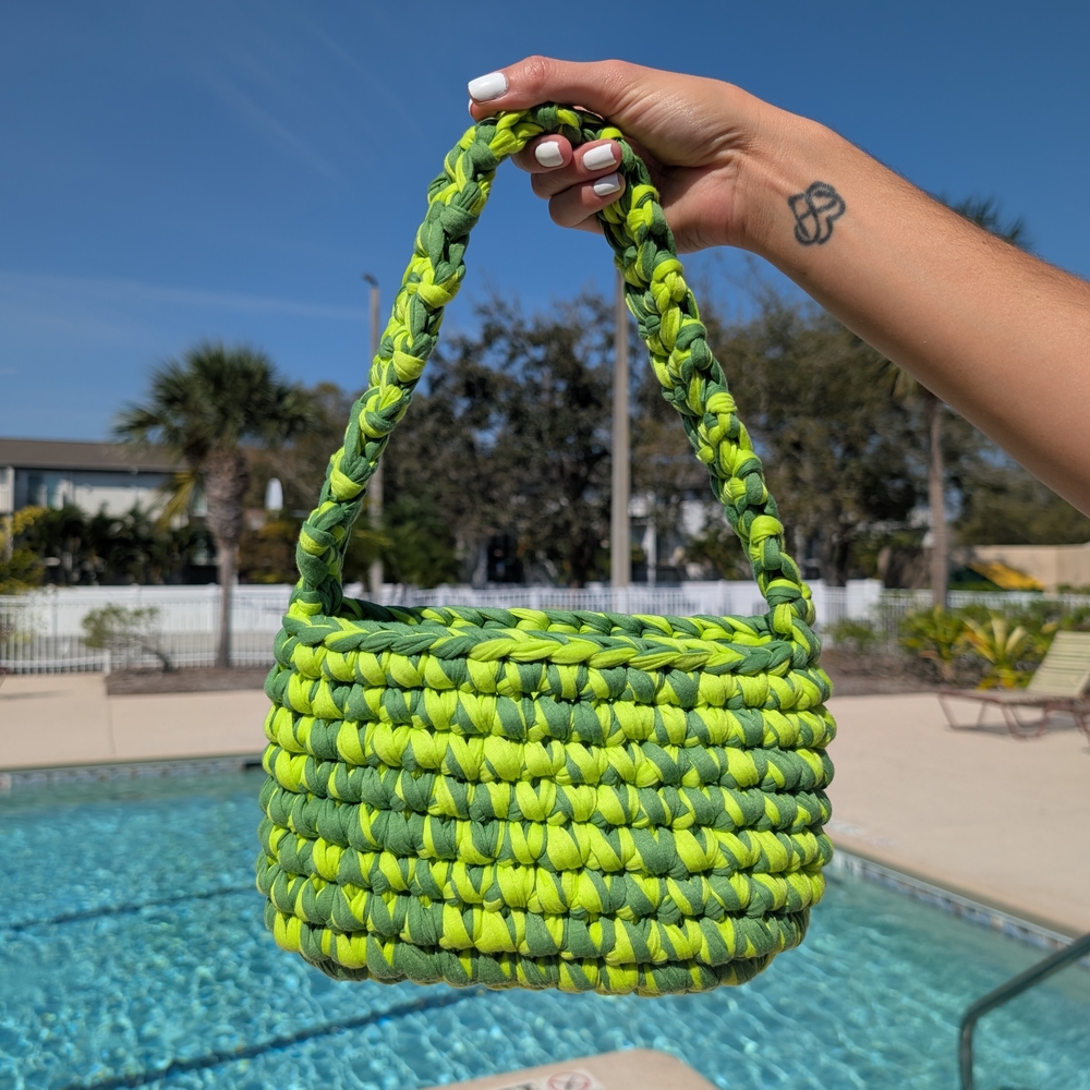Handmade Crochet Shoulder Bag - Sage & Lime Green - T-shirt Yarn